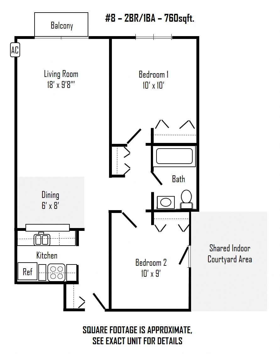 Floor plan for 2 beds, 1 bath, 760 sqft